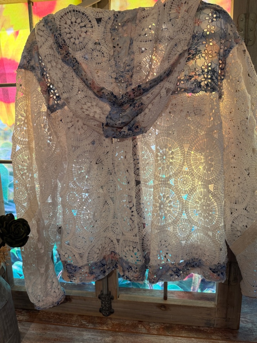 POL Sheer White Crochet Hooded Jacket with Blue Accents - Picture 8 of 9